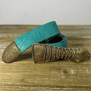 Vintage Turquoise Leather Snack Belt Buckle Southwestern Boho Western Cowgirl
